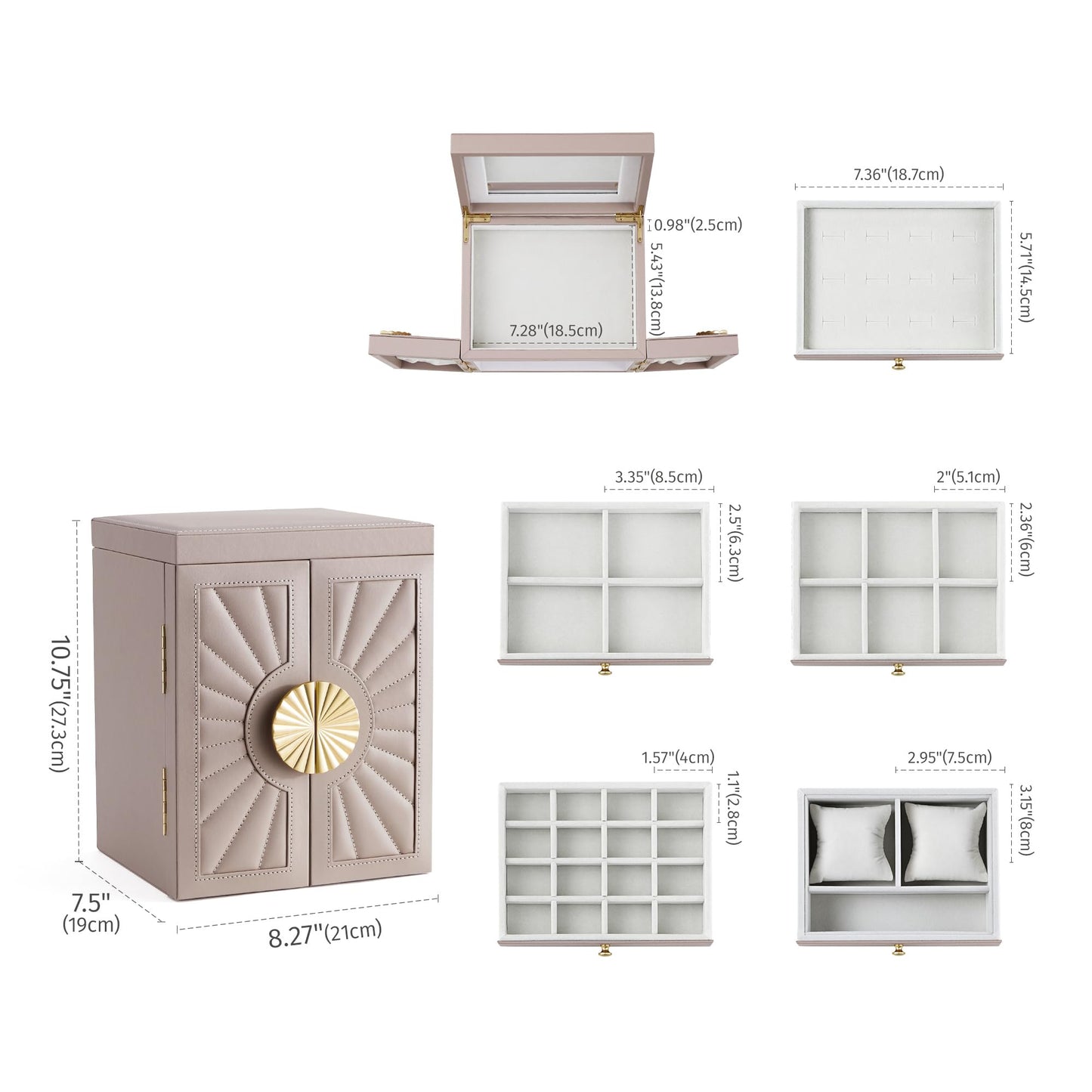 BIQI MUSSE Jewelry Box for Women, 6-Tier Jewelry Organizer Box with Mirror, 5 Drawers Jewelry Storage Case for Ring Necklace Earring Bracelet, Light Taupe