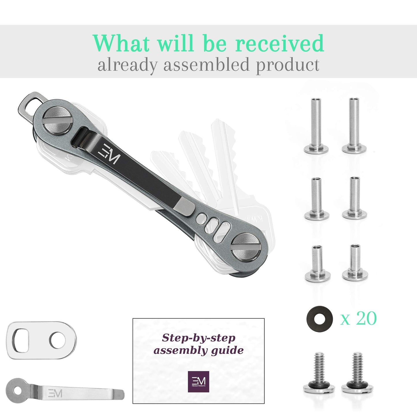 EM Premium Products Compact Key Holder - Pocket Key Organizer - 14 Keys Key Bar - Gray