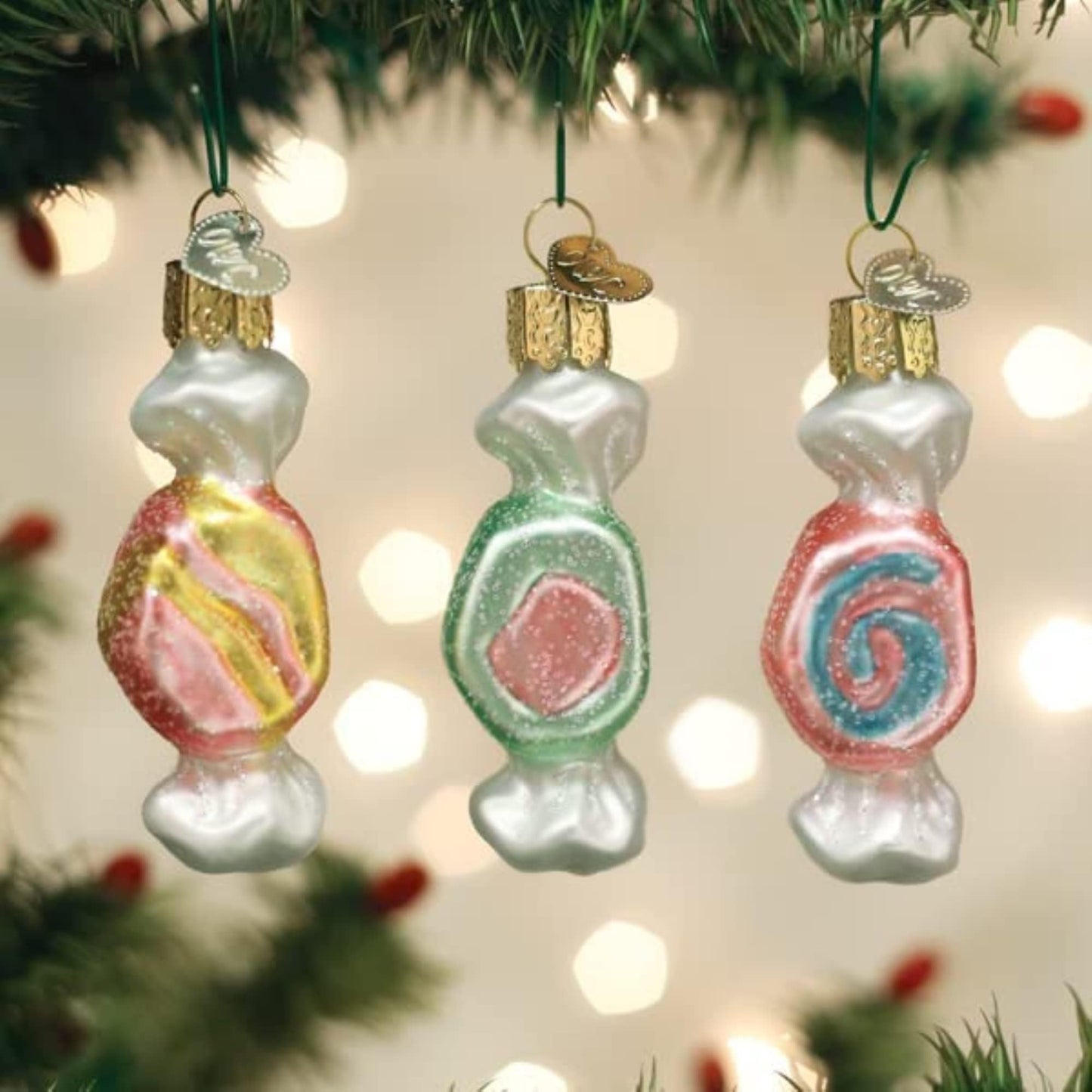 Old World Christmas Salt Water Taffy Set Glass Blown Ornament for Christmas Tree, Handcrafted Holiday Decoration, Candy Collection