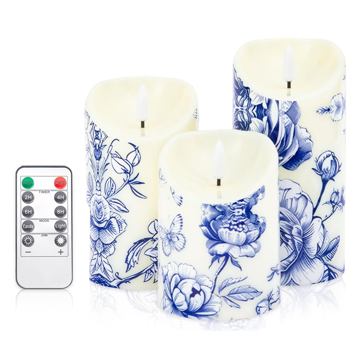 Ouvibor 3 Pcs Blue and White Flameless Candles Wedding Table Centerpiece Chinoiserie Candles Blue White Floral Printed Faux Candles with Remote Timer for Wedding Home Holiday Table Decor