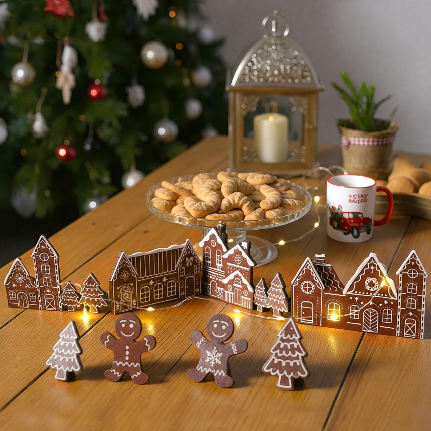 Colingmill 32 Inch Christmas Tabletop Decoration Wooden Christmas Gingerbread Man Themed Xmas Tree and House Signs Farmhouse Centerpiece Decor for Home Kitchen Table Shelf Decor