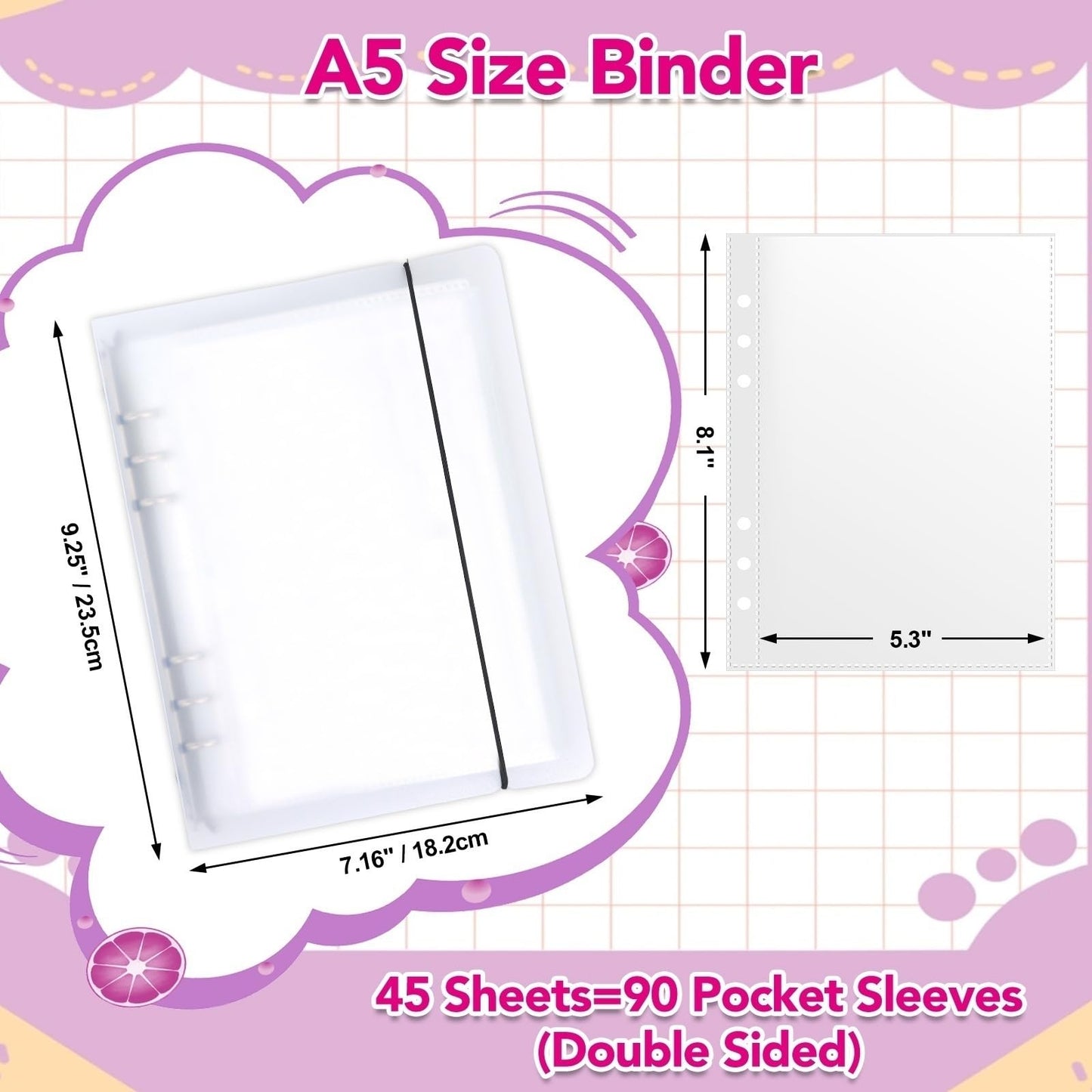SHANGRLA Large 5x8 and 5x7 Index Card Binder Holder with Clear Plastic Sleeves – 90 Pocket A5 6-Ring Binder for Flashcards, Postcards, Recipe Cards – Small Storage Organizer with Sheet Protectors