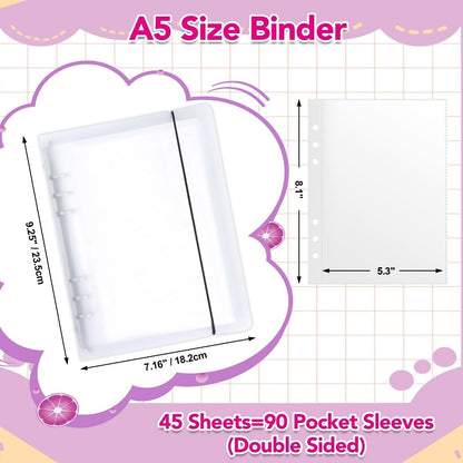 SHANGRLA Large 5x8 and 5x7 Index Card Binder Holder with Clear Plastic Sleeves – 90 Pocket A5 6-Ring Binder for Flashcards, Postcards, Recipe Cards – Small Storage Organizer with Sheet Protectors
