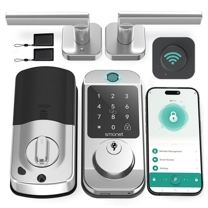 Keyless Door Lock with Handle Set - SMONET WiFi Fingerprint Smart Locks for Front Door, App Remote Control, Digital Bluetooth Keypad Deadbolt Set with Alexa, Auto Lock, Code, Fobs for Home Black
