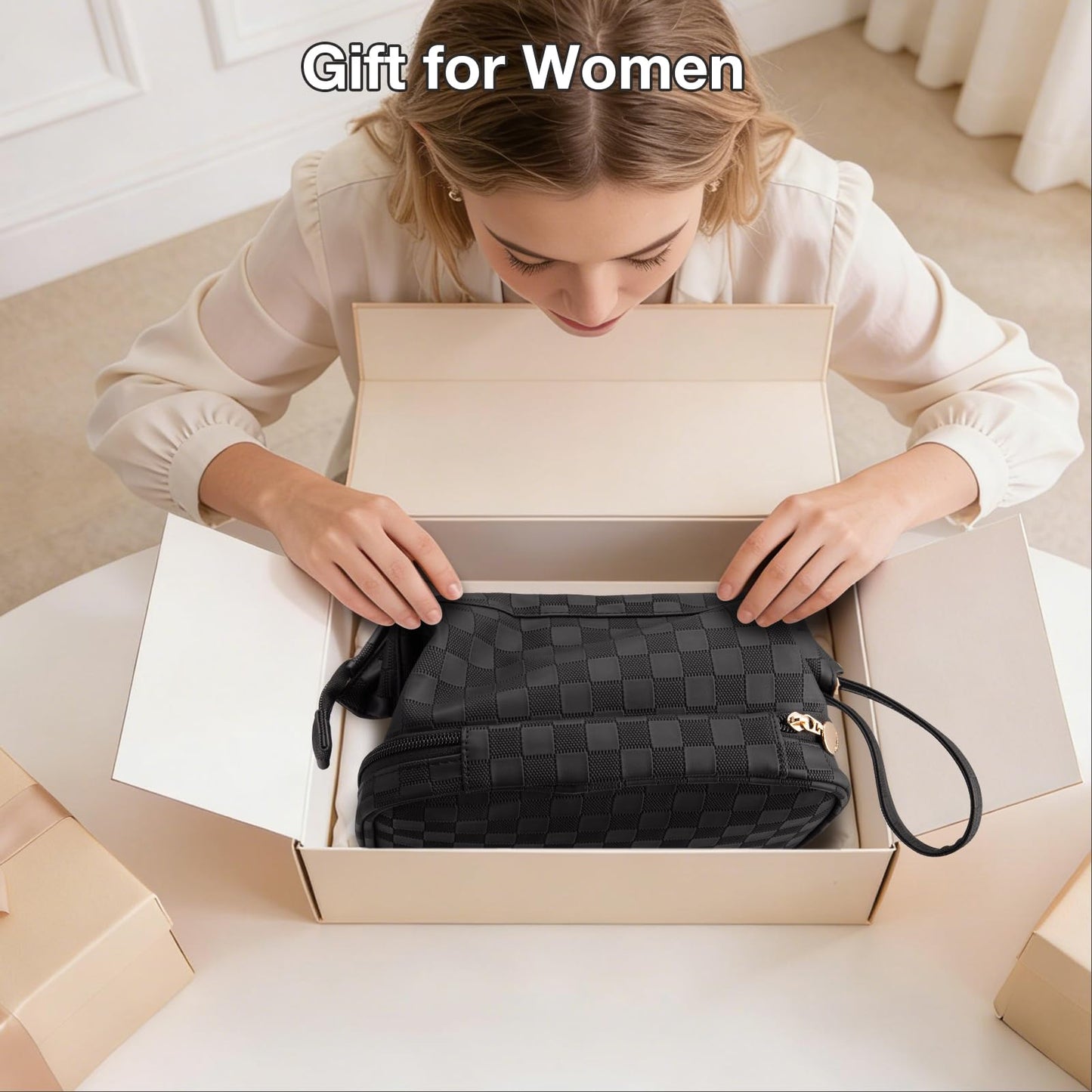Abiudeng Large Makeup Bag for Women,Travel Makeup Organizer with Brush Holder, Dopp Kit Essentials,Waterproof Checkered Cosmetic Bag for Traveling,Multi Compartment,Cute,Spacious Capacity-Black