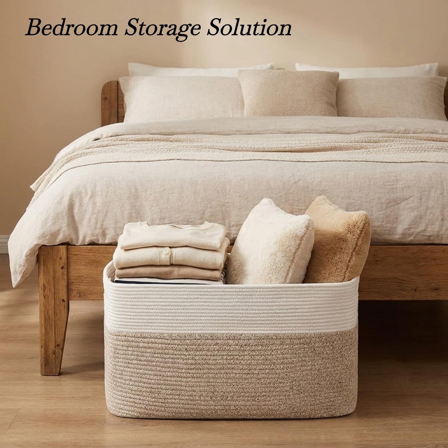 Optish 75L Large Blanket Basket, Woven Storage Baskets with Reinforced Handles, Rope Laundry Basket for Living Room, Bedroom, Nursery, Toys, Clothes,Pillows, 22” x 17” x 11.5”, White & Brown