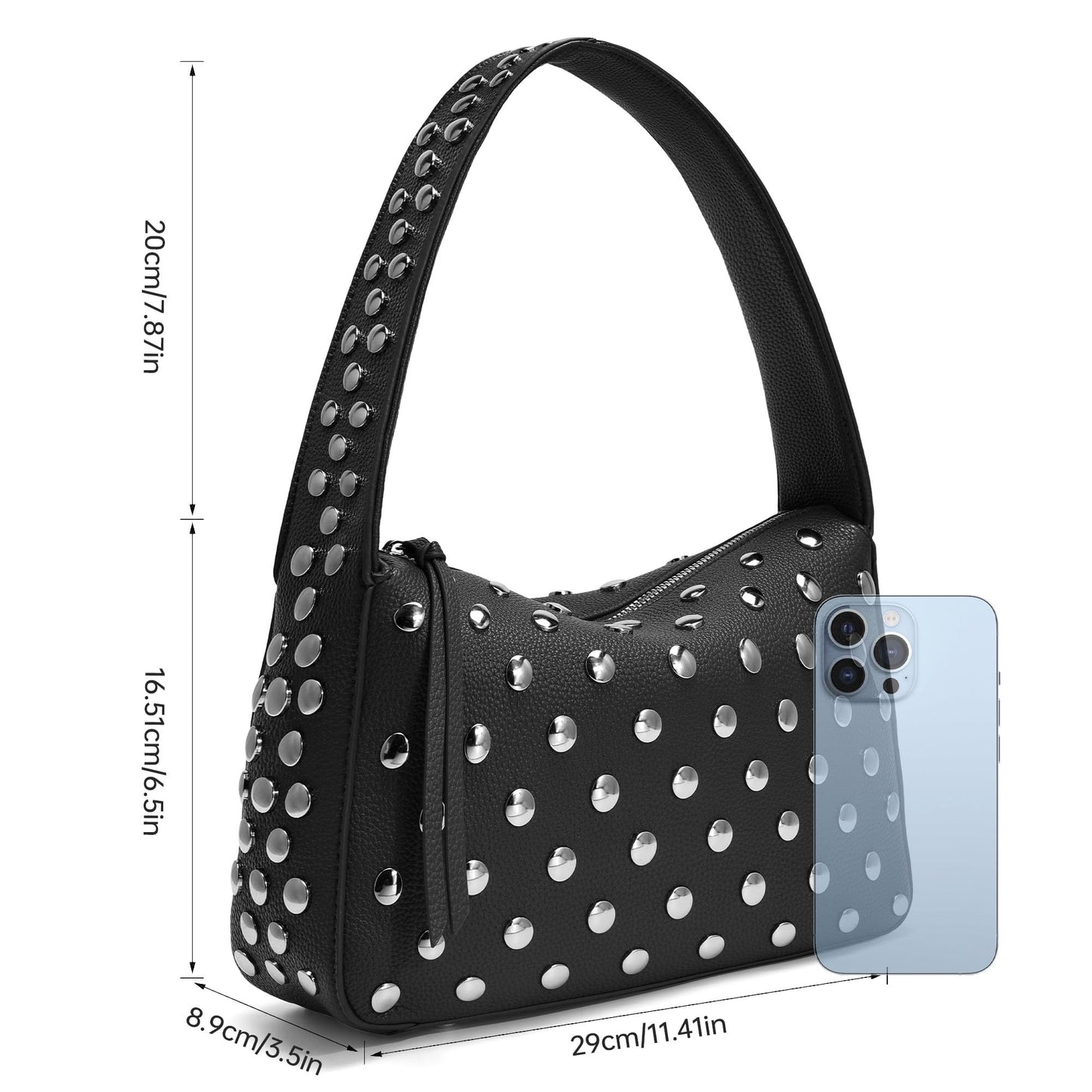 Kiss Sea Studded Handbag for Women Studded Leather Purse Trendy Shoulder Bag for Daily & Party Use Black