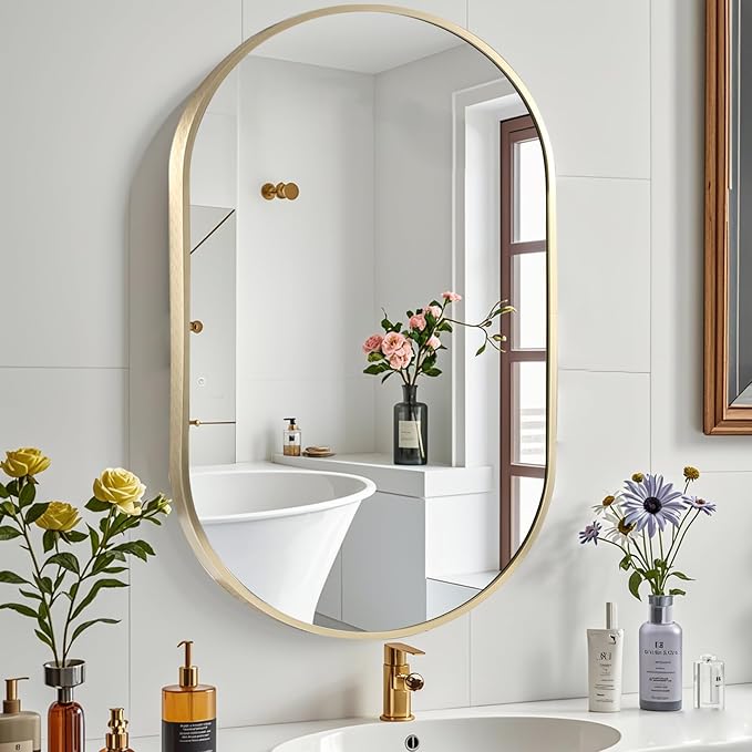 22x30 inch Oval Bathroom Mirror, Gold Vanity Wall Mirror with Brushed Metal Frame, Wall Mirrors for Bathroom, Entryway, Over Sink, Living Room