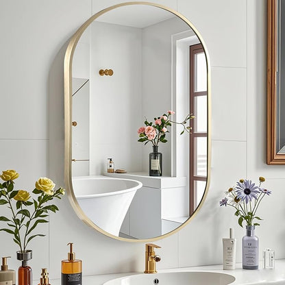 22x30 inch Oval Bathroom Mirror, Gold Vanity Wall Mirror with Brushed Metal Frame, Wall Mirrors for Bathroom, Entryway, Over Sink, Living Room