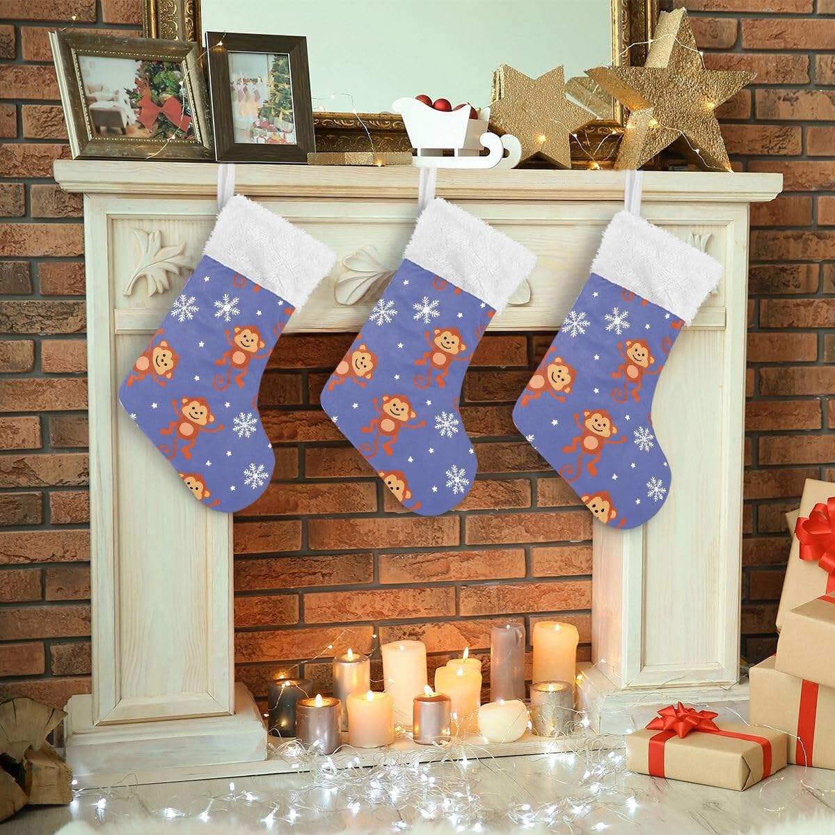 Christmas Stockings, 18 inches Burlap with Plush Faux Fur Cuff Stockings Symbol of A Monkey Family Holiday Xmas Party Decorations