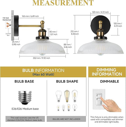 Vintage Wall Sconces Set of 2 Indoor 110V Hardwired Stripe Glass Wall Mounted Lamp Light Fixtures for Bathroom Vanity Kitchen Hallway Stairway, Anti-Rust Brushed Bronze Finish, E26 Base, WS-23061-B2