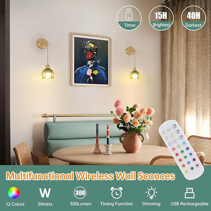 Battery Operated Wall Sconce with Green Tulip Shade Pattern Glass Adjustable Chain Retro Gold Wall Mounted Light, Modern Wall Lamp Fixtures Decor for Bedside Bedroom Indoor Doorway
