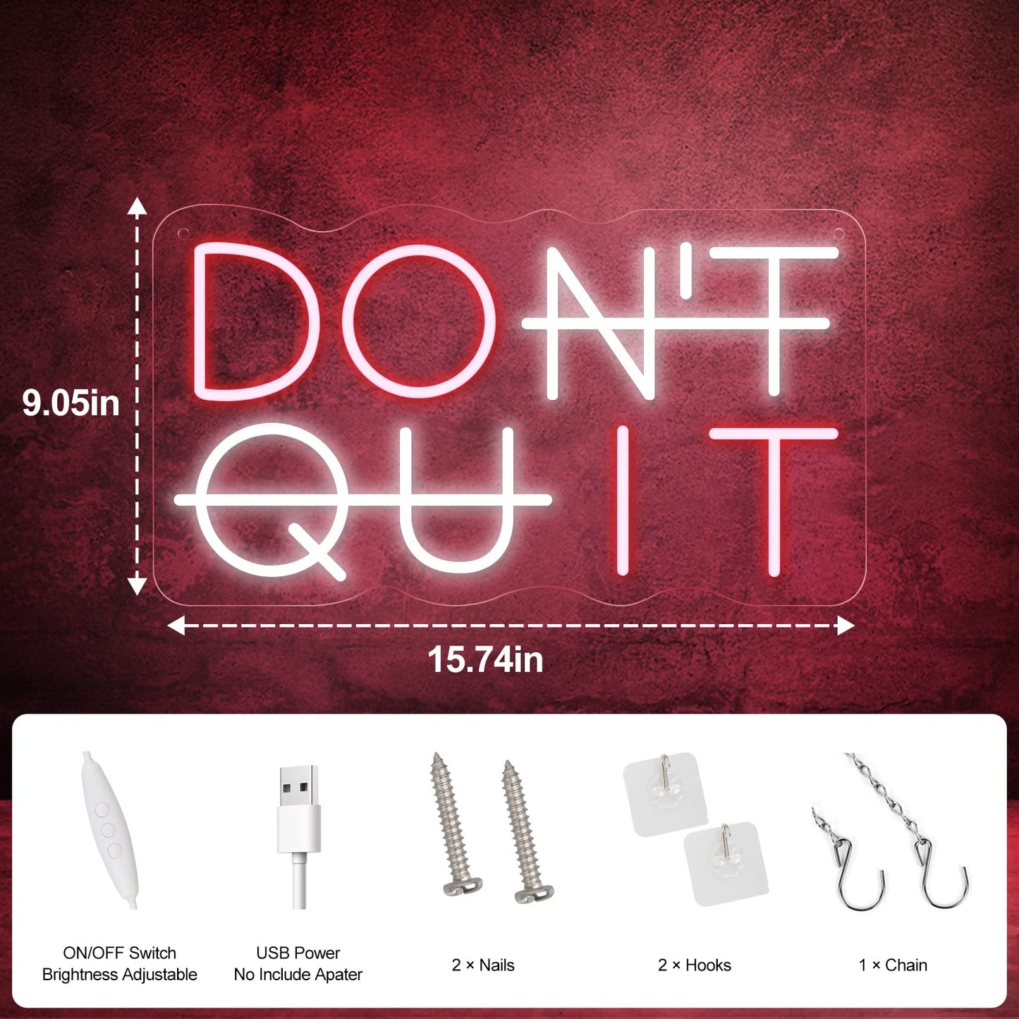 YIKBIK Don't Quit Neon Sign for Wall Decor, DO IT Neon Lights Party Decorations, USB Powered Switch LED Neon Lights Adjustable for Office, Gym, Man Cave, Gamer Room Decor