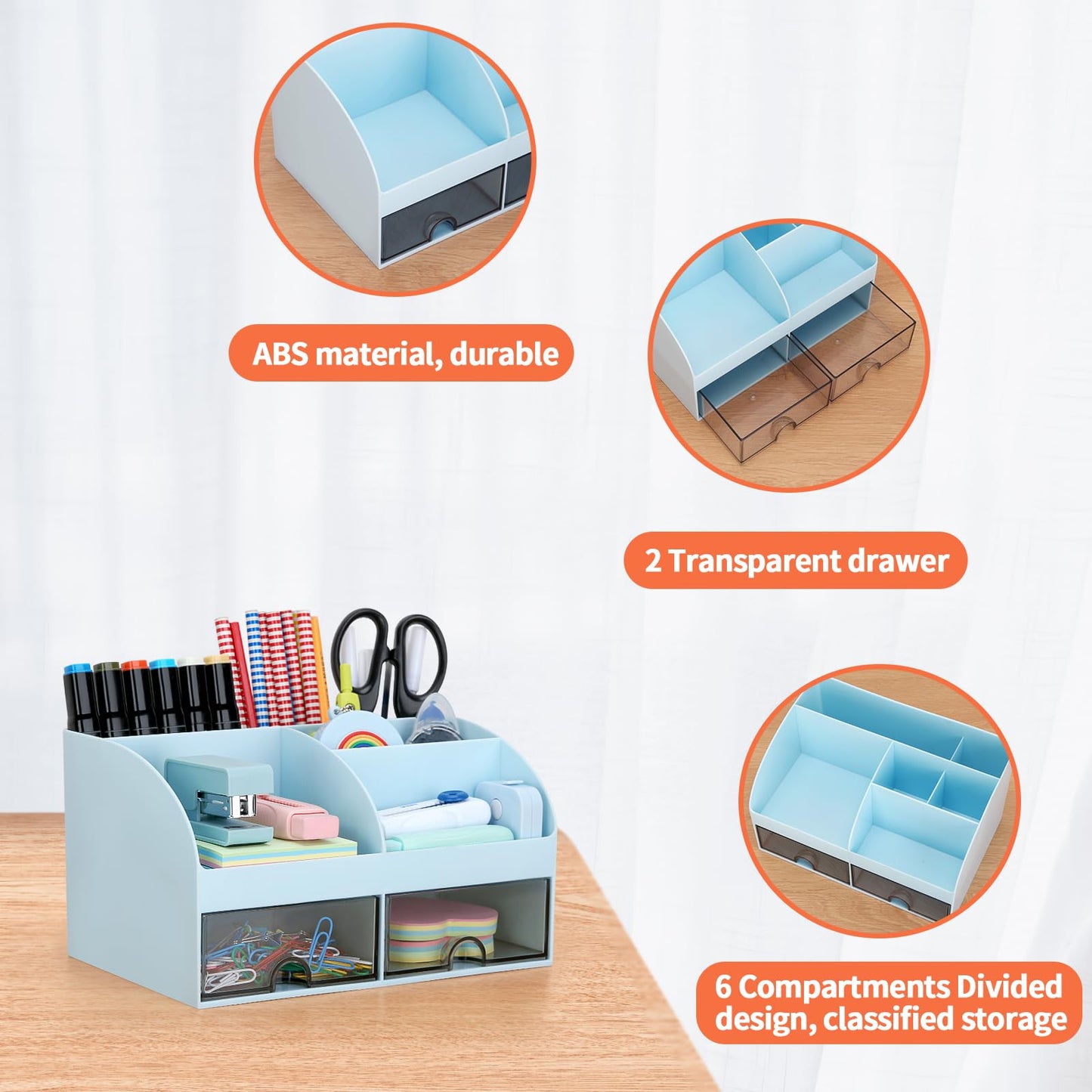 Office Desk Organizer with Drawers for Desktop/Tabletop/Counter, Desk Top Accessories Stationary Organizer Desk Caddy, Pen/Pencil/Business Card/Sticky Note Tray/Paperclip Holder Storage Box (Blue)