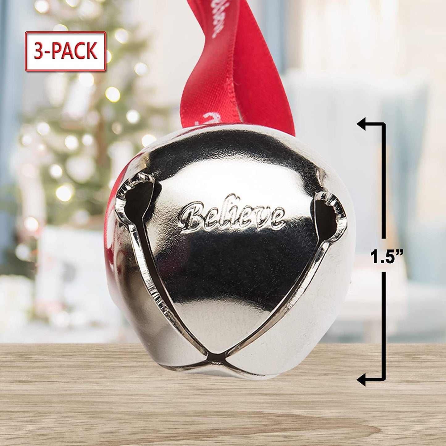 Bevin Bells Believe Sleigh Bells Ornament (3-Pack) | 1.5" Made of Steel | Hanging Bells with a Red Satin Believe Ribbon & Red Velvet Bag | Great Tone | Xmas Gift or Stocking Stuffer | Made in USA