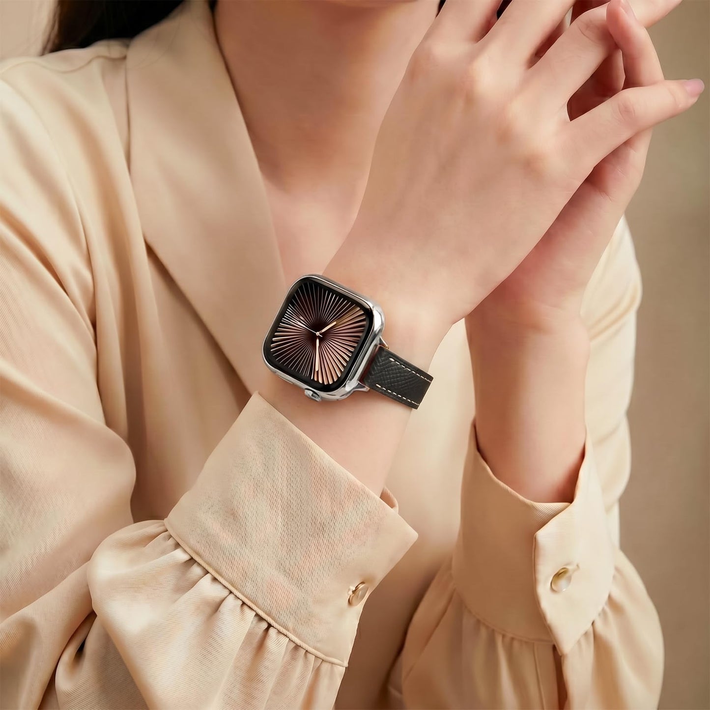 Slim Leather Band for Women Compatible with Apple Watch 40mm 44mm 41mm 45mm 42mm 46mm 49mm 38mm,Thin Genuine Leather Replacement Strap for iWatch Series SE/11/10/9/8/7/6/5/4/3/2/1/Ultra