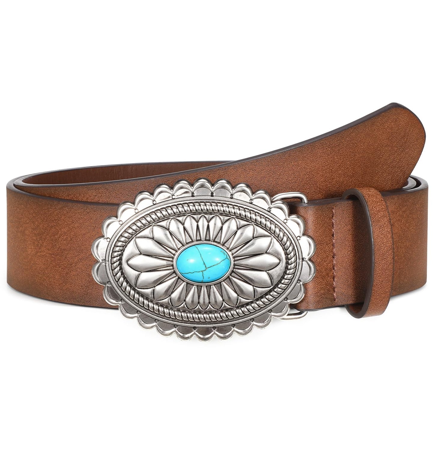 WOWOGO Women-Western-Cowgirl-Belt-Country-Concho Vintage Leather Belt with Concho Turquoise Buckle,Coffee