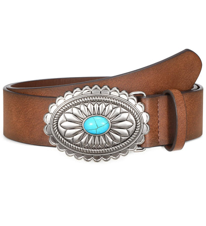 WOWOGO Women-Western-Cowgirl-Belt-Country-Concho Vintage Leather Belt with Concho Turquoise Buckle,Coffee