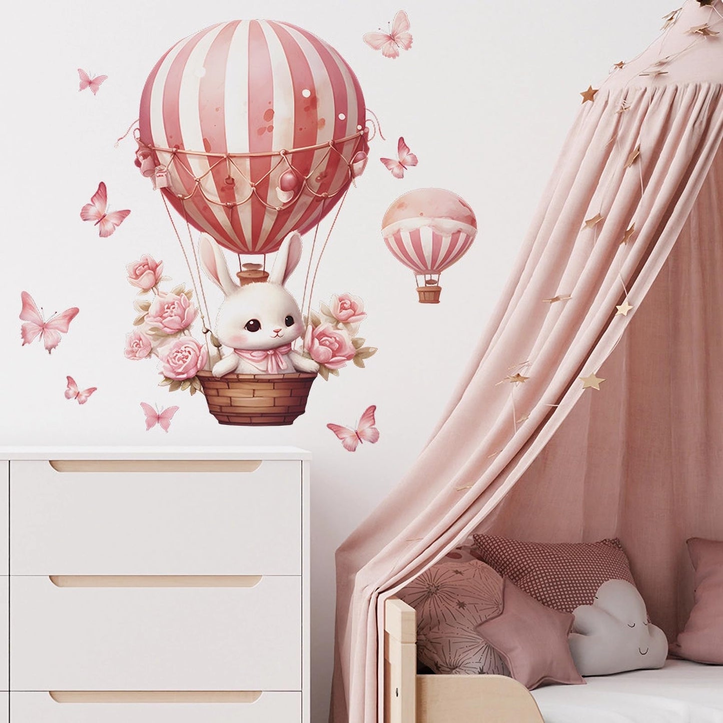Pink Bunny Butterfly Rose Hot Air Balloon Wall Stickers, sacinora Cute Rabbit Wall Decals Removable Vinyl Peel and Stick for Kids Baby Girls Nursery Living Room Bedroom Preschool Art Decorations