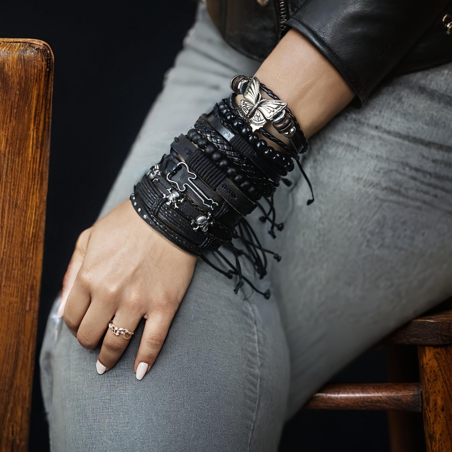 Aijewelop 10pcs/set Black Punk Style PU Leather Bracelet Set - Adjustable Cuff Wraps for Men & Women, Perfect for Casual Attire & Gifting