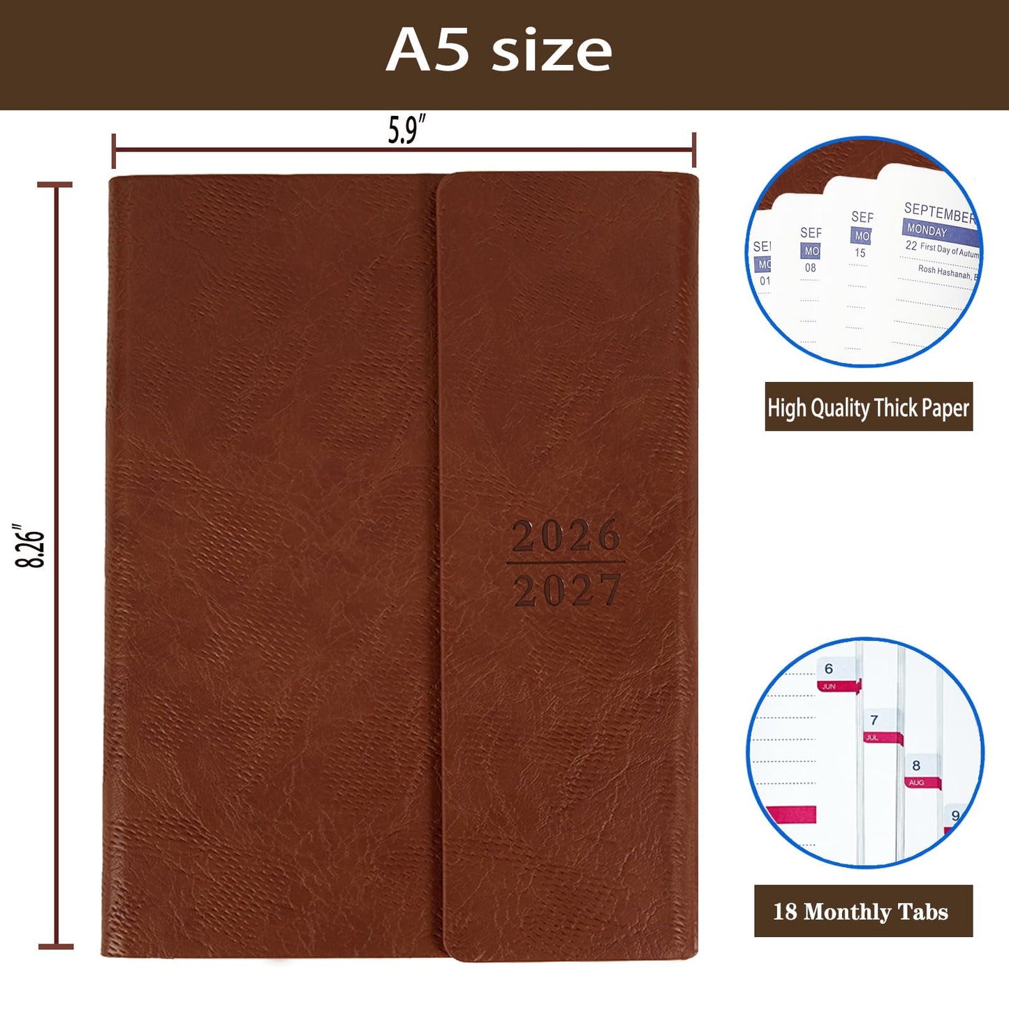 Planner 2026-2027, Weekly Monthly Academic Calendar for Jul 2026 - Dec 2027 [18 Month Agenda], 8.26" x 5.9" Faux Leather Cover + Thick Paper (26-27 Brown)