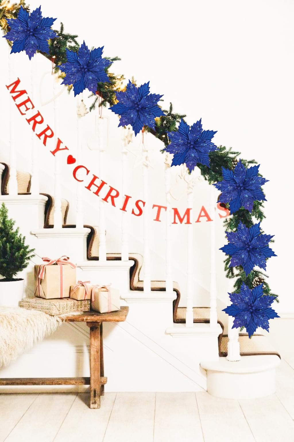 Briful 8PCS Poinsettias Artificial Christmas Flowers 9'' Blue Velvet Christmas Floral Picks and Sprays Poinsettias Giltering Flowers with Clips for Xmas Tree Vase Arrangement Wreath Garland Decor