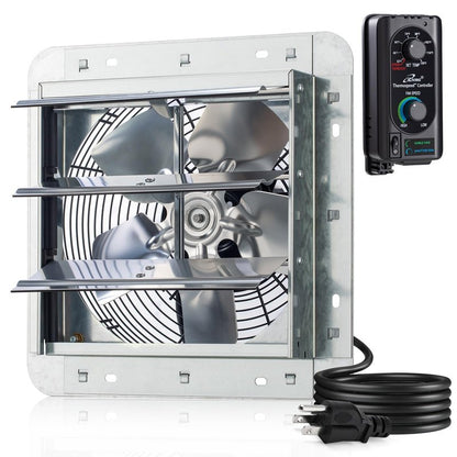 iLiving 10" Wall Mounted Shutter Exhaust Fan, Automatic Shutter, with Thermostat and Variable Speed controller, 65W, 820 CFM, 1200 SQF Coverage Area Silver (ILG8SF10V-ST)