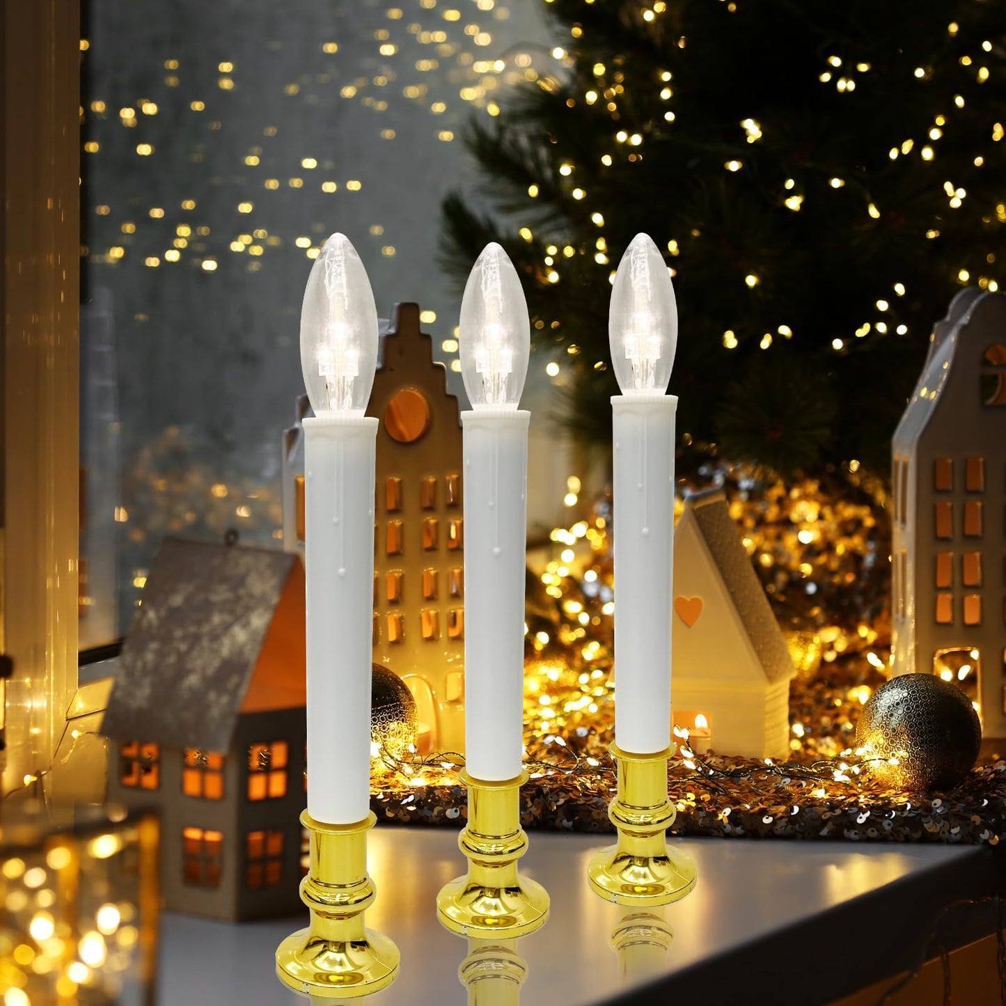 4 Pack Christmas Battery Operated LED Window Candles with Timer, Christmas Window Candles Lights with 3V Ultra-Bright LED Bulbs for Halloween Decorations Indoor Windows Mantels Table , 4 Suction Cups