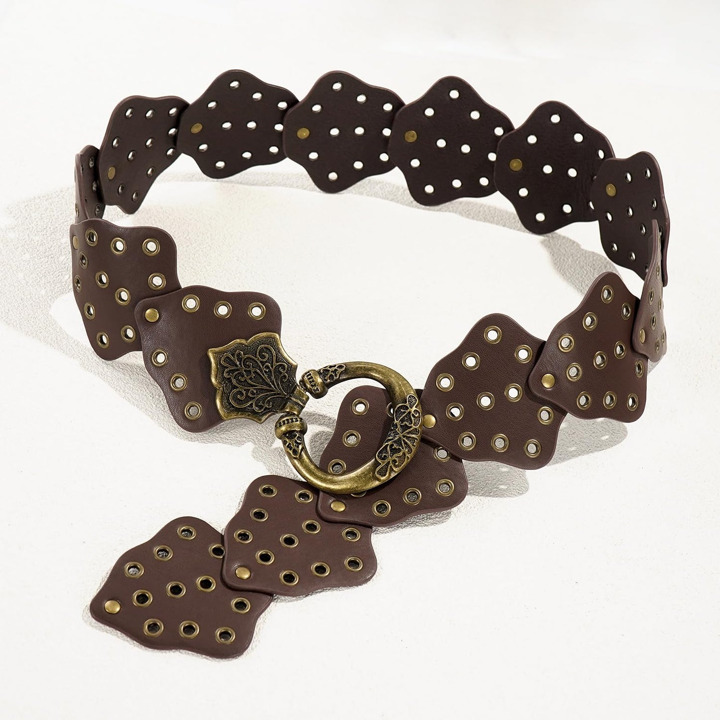 HIQUACC Wide Disc Belt for Women Vintage Leather Hollow Leaf Belt Western Waist Belt (Leaf Brown XL)