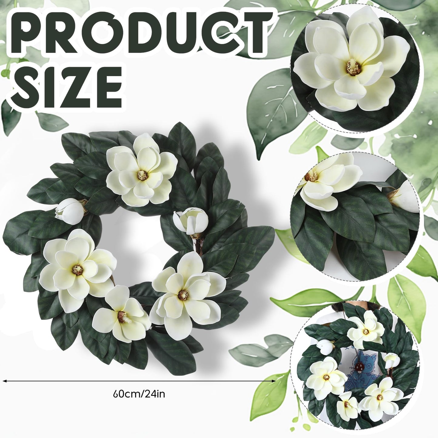24 Inches Christmas Magnolia Wreath Artificial White Magnolia Christmas Decoration Farmhouse Greenery Wreath for Front Door Wall Home Window Holiday Outdoor Xmas Decor Entryway Patio Porch Garden