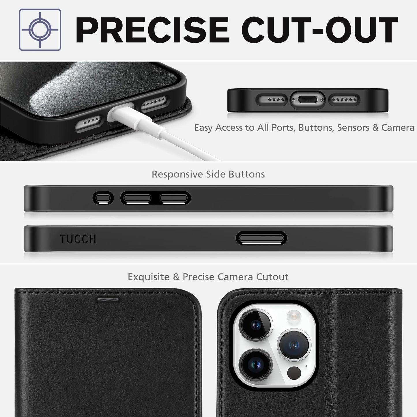 TUCCH Case Wallet for iPhone 15 Pro Max, RFID Blocking 4 Card Holder Kickstand Shockproof TPU Inner Case, PU Leather Magnetic Flip Folio Cover, Black
