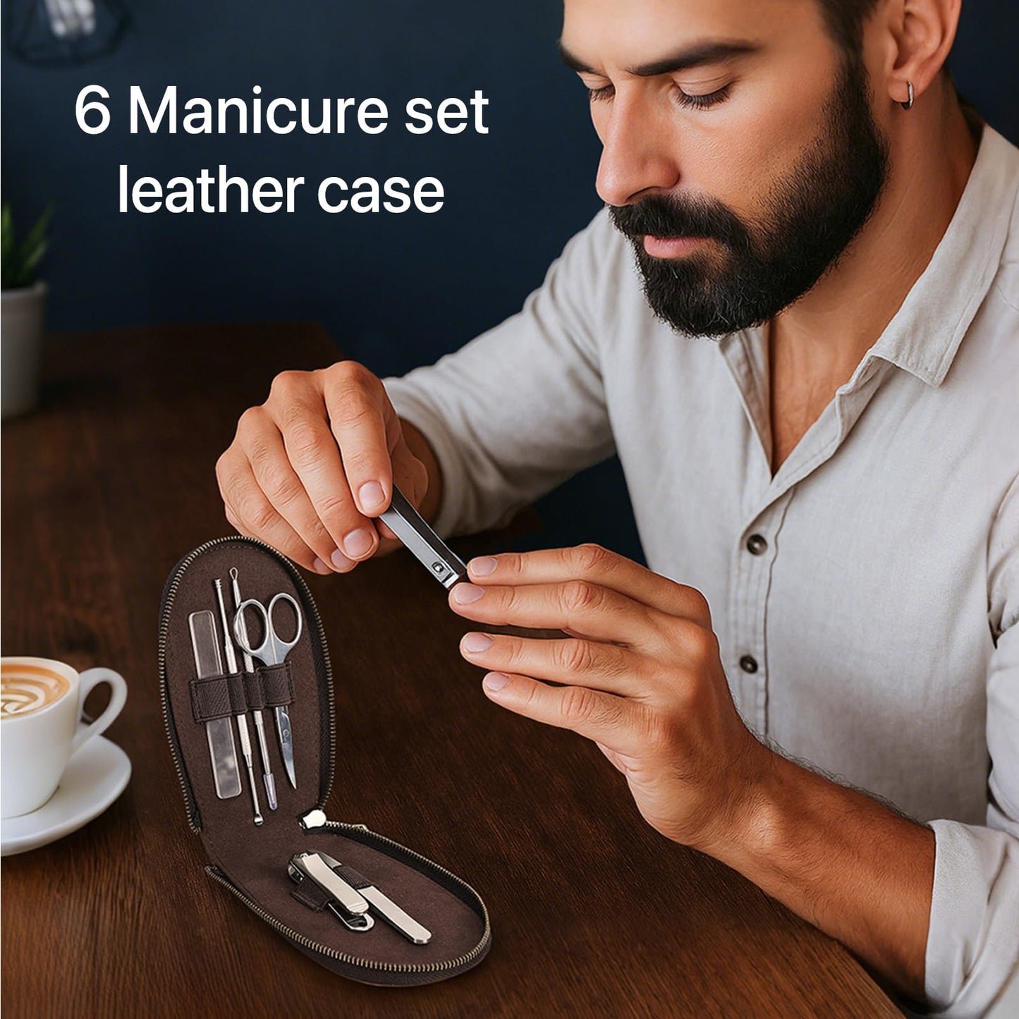 Hiram Handmade Leather Manicure Set Case 6 Slot Nail Tool Organizer Pouch with Elastic Bands & Loops Oil Nubuck Cowhide Travel Case for Grooming Kits Soft Leather Zip Closure