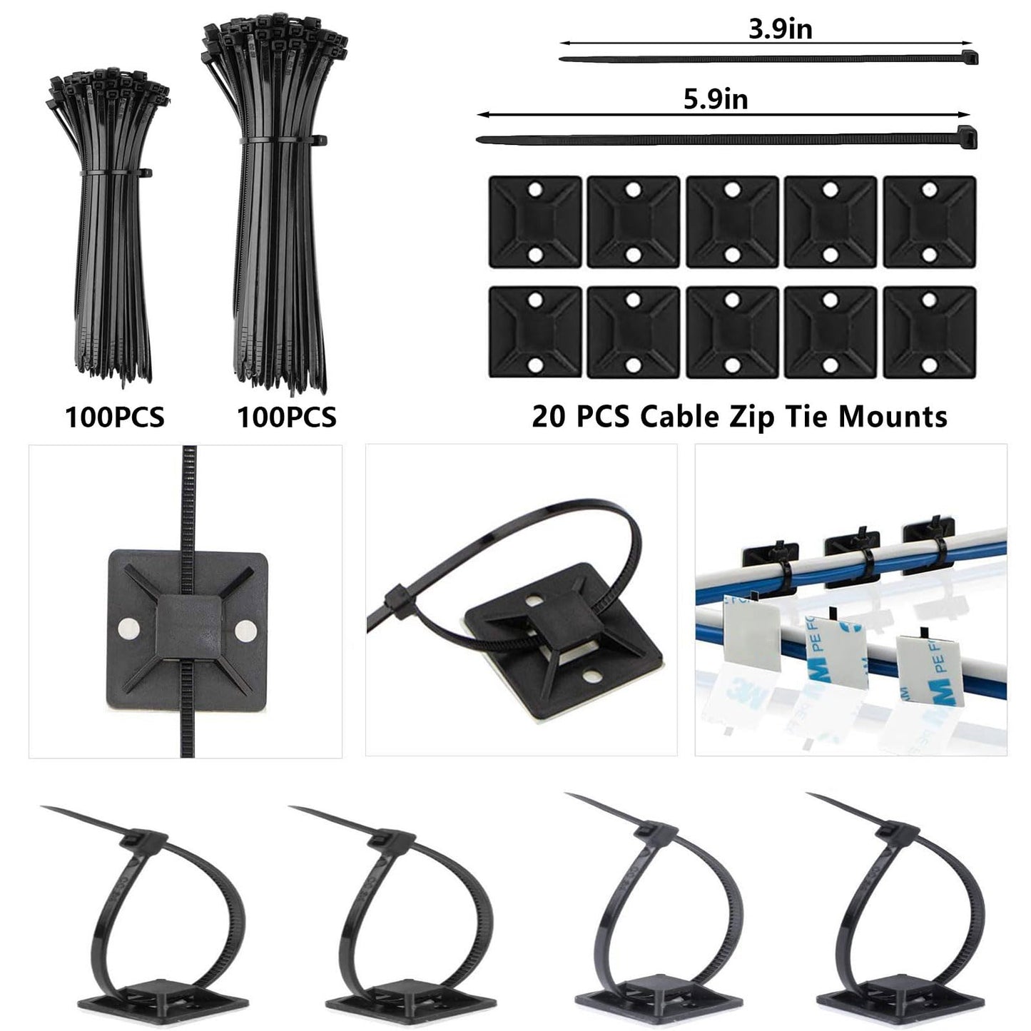 ELII 327 PCS Cable Management Kit 4 Cable Cable Sleeves,65 Cable Clips with 13Cord Holders,25 Roll Cable Organizer Straps,200 Fastening Cable Ties,20 Cable Zip Tie Mounts for Computer (Black)