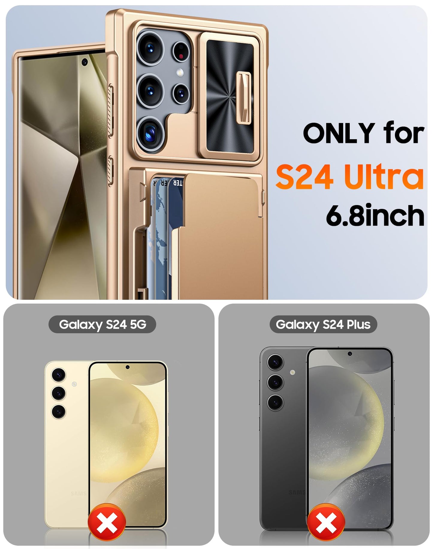 Vizvera for Samsung Galaxy S24 Ultra Case Wallet, RFlD Cards Holder & Camera Cover & Kickstand for Women Men, Full Body Rugged Shockproof Silicone Case for S24 Ultra 6.8" 2024 Only-Champagne Gold