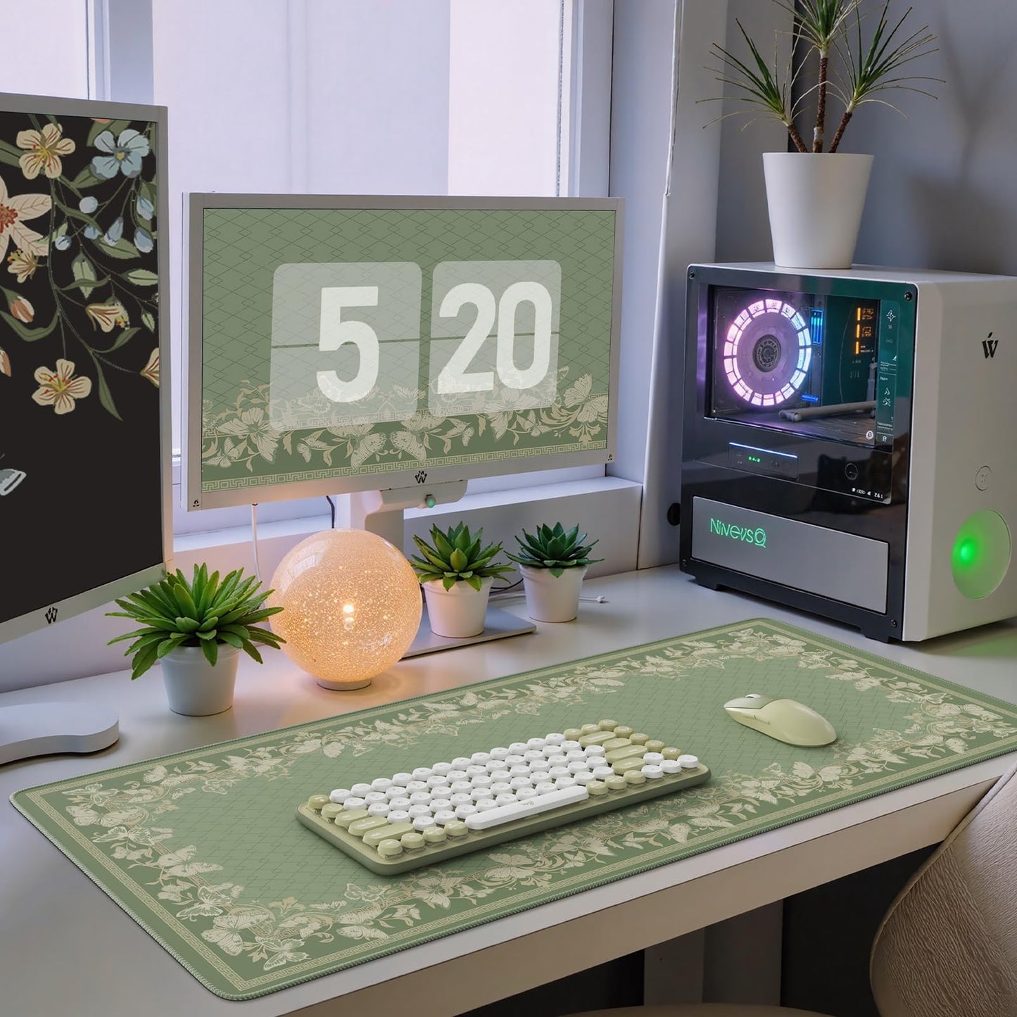 iCasso Floral Desk Mat for Keyboard and Mouse,Cute Gaming Mouse Pad XXL,Anti-Slip Desk Matt for Desktop,Soft Lycra Surface Computer Mat Women,Girly Big Mousepad for Home Office (Light Green)