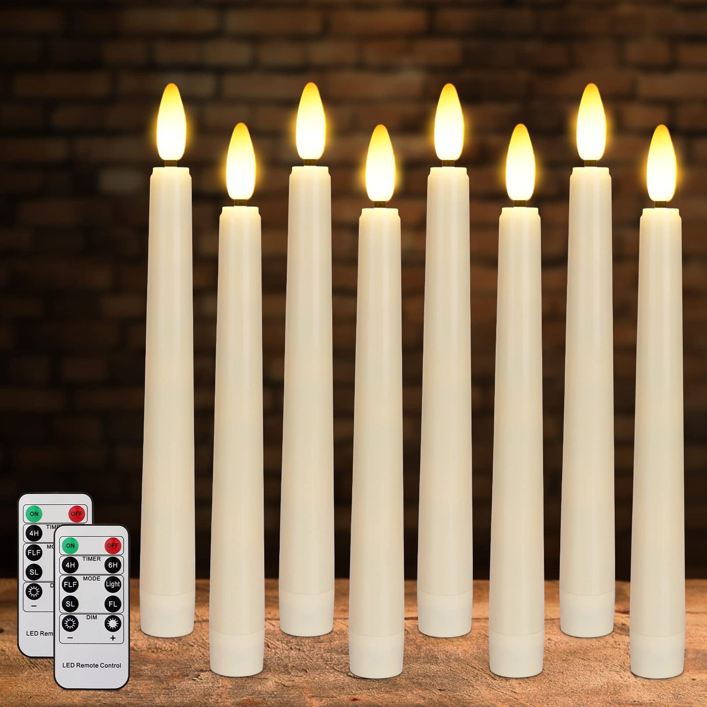 FPOO 8PCS Flameless Flickering Taper Candles with 2 Remote Control and Timer, 8 Inch 3D Wick Floating Flickering Flame, Battery Operated LED Window Candle Lights, Christmas Home Wedding Decor (Ivory)