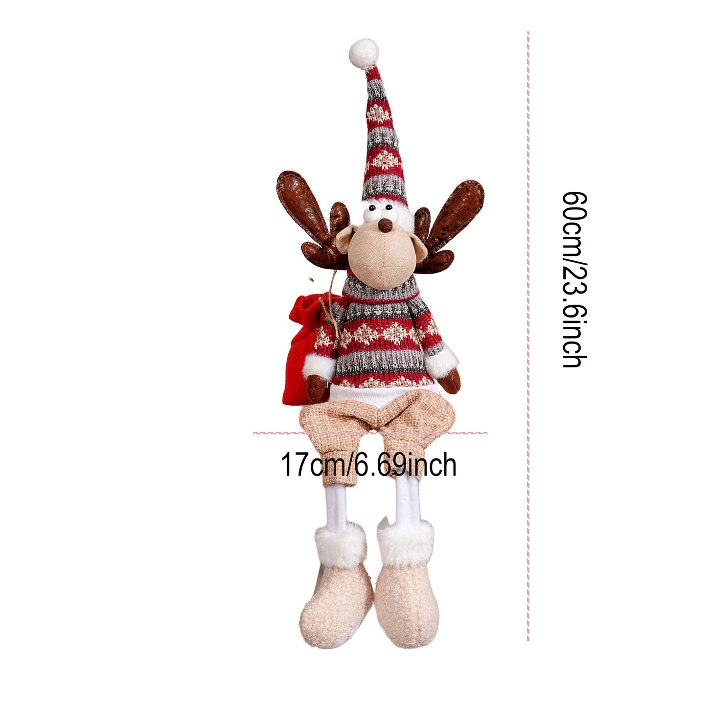 Dedrian11 23.6’’ Christmas Sitting Reindeer Shelf Sitter Decor, Long Dangling Legs, Poseable Wired Hat & Arms, Nordic Knit Sweater, Mantel Shelf Tabletop Ornament, Weighted Bottom