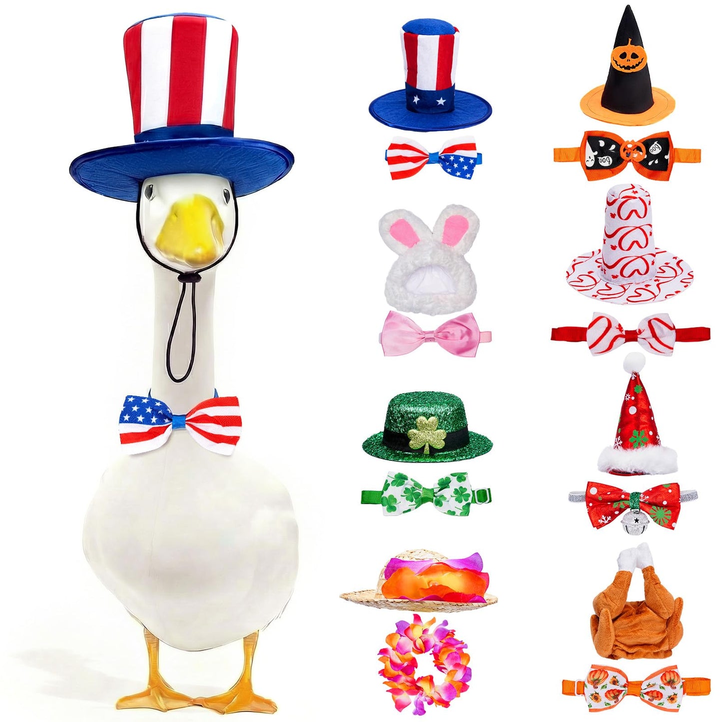 8 Set Holiday Porch Goose Outfits for 17/19/23" Plastic Lawn Goose - 4th of July, Summer, Thanksgiving, Valentines, St. Patricks, Easter Clothes - Patio Yard Garden Decor with Hat and Bow Tie