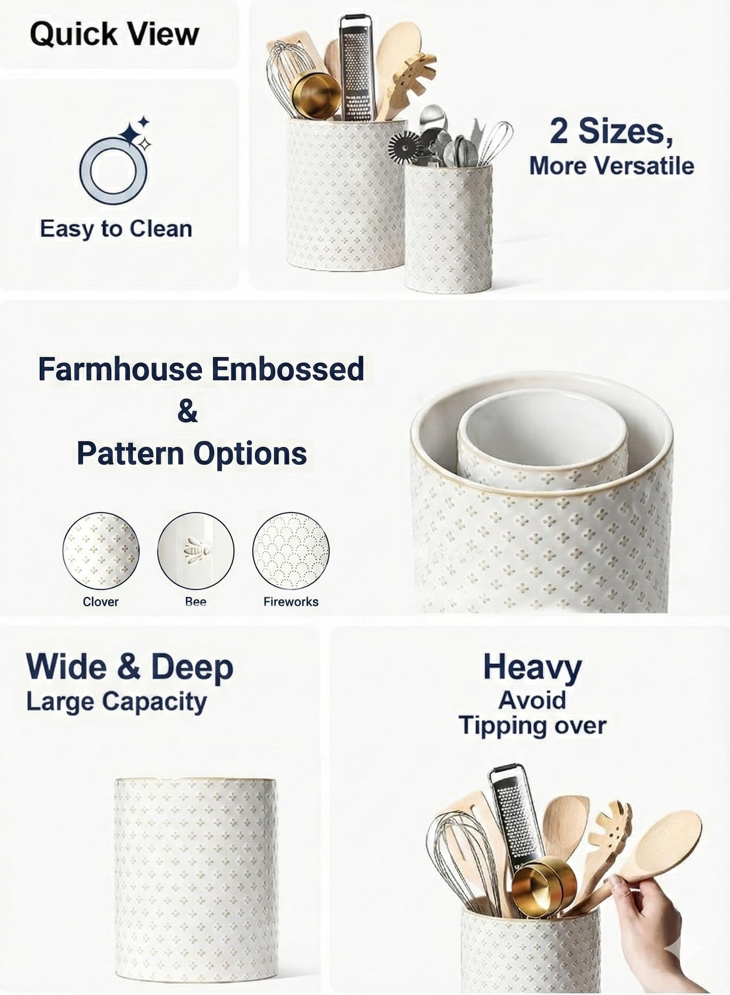 LE TAUCI Kitchen Utensil Holder for Countertop - 7.1"+5.4" Ceramic Utensil Crock Set of 2, Large Cooking Utensil Organizer for Spatula, Spoon, Whisk - Farmhouse Storage, Embossed, Clover