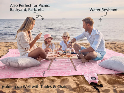 WEKAPO Beach Blanket Waterproof Sandproof Oversized, Extra Large Beach Mat Sand Free, Lightweight & Compact Sand Free Mat with 6 Stakes & 4 Corner Pockets (Pink Sea Shells, 11 x 9 FT (1～9 Person))
