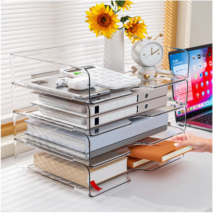Paper Organizer Letter Tray, 4 Pack Acrylic Stackable Desk File Organizer,Clear Office Organizer for File Paper, Ipad, Letter, A4 Office File, Books, Notes, Etc