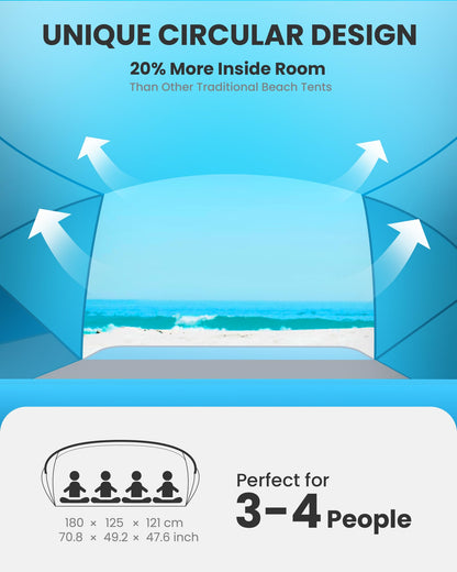 OutdoorMaster Beach Tent for 3-4 Person - Easy Setup and Portable Beach Shade Sun Shelter Canopy with UPF 50+ UV Protection Removable Skylight Family Size-Blue