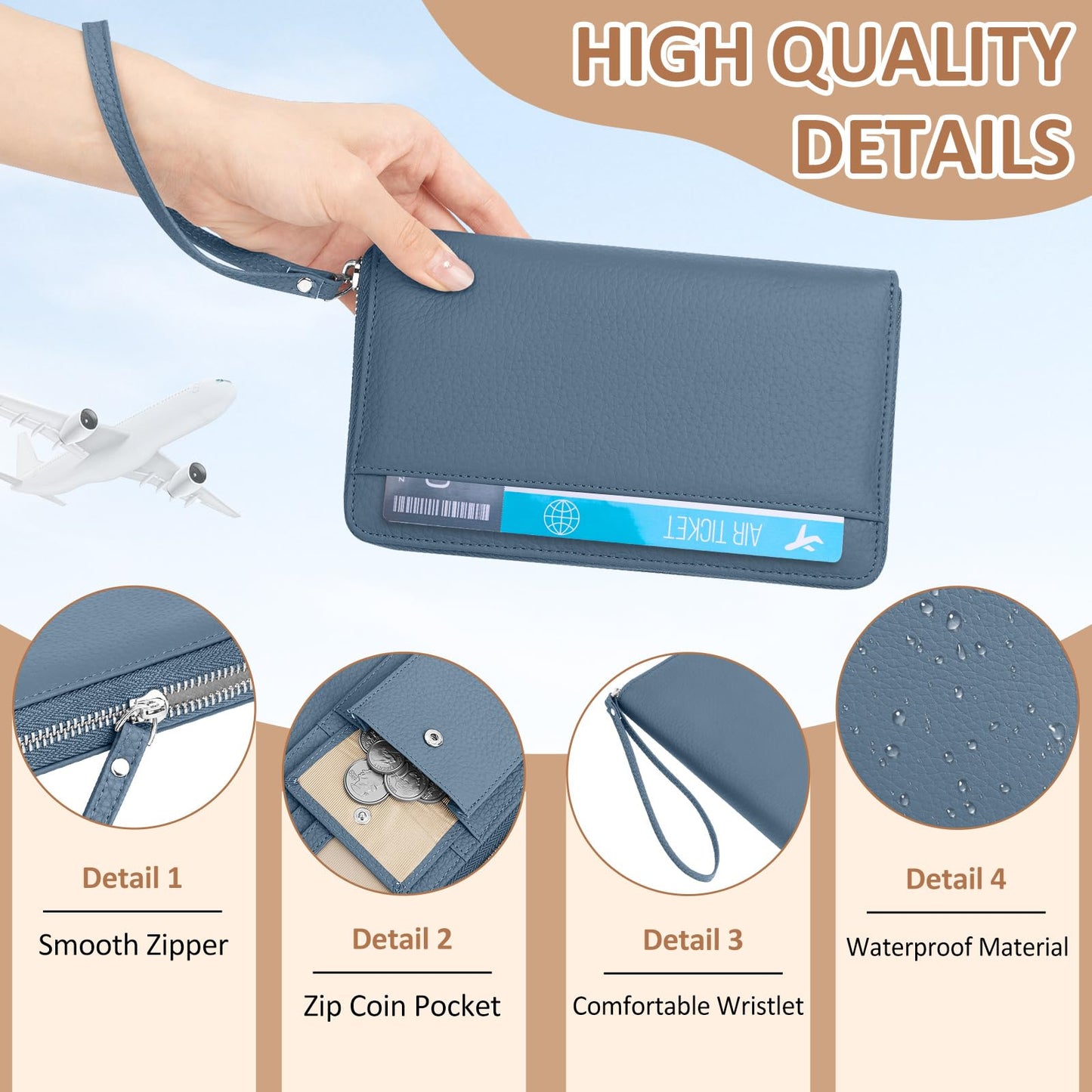 NEWIROVE Passport Holder For Travel, Leather Passport Holder RFID Passport Wallet With Zipper Coin Pocket And Wristlet Strap Women And Men Passport Case For Credit Card, ID, Cash.Blue
