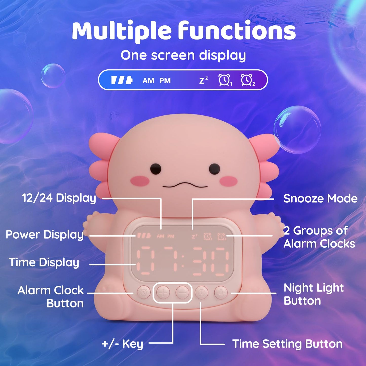 Aokpsrt Axolotl Alarm Clock with Night Light for Kids, Rechargeable Silicone Lamp Time to Wake Clock，Cute Animal Tabletop Lamp, Perfect Sleep Companion for Boys Girls
