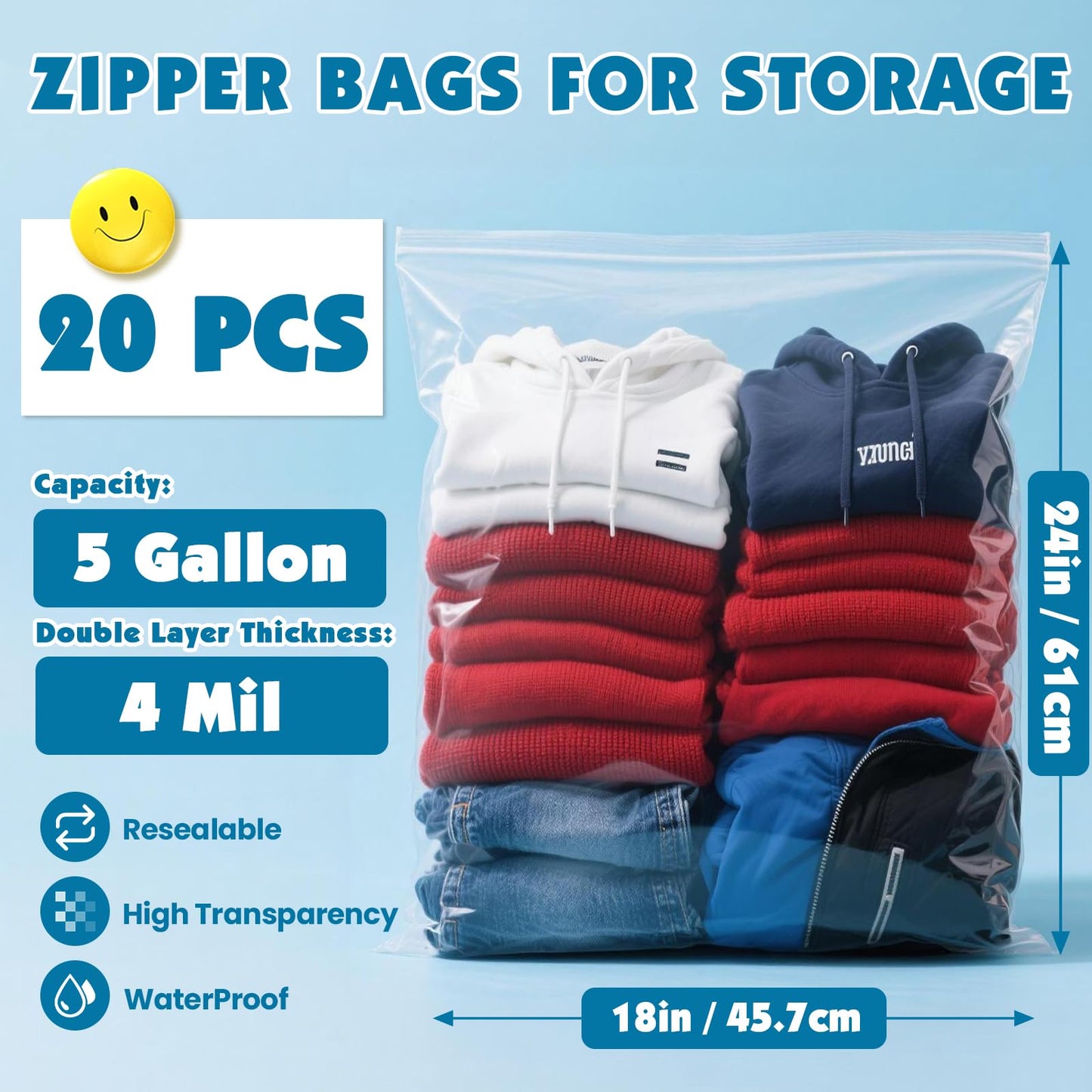 20 Pack Large 5 Gallon Storage Bags with Zipper Top, 18 x 24 inch Zipper Bags, Clear Plastic Bag for Storage, Reusable, Sealable Storage Bag for Clothes, Travel & Moving, Double-sided Thickness 4 Mil