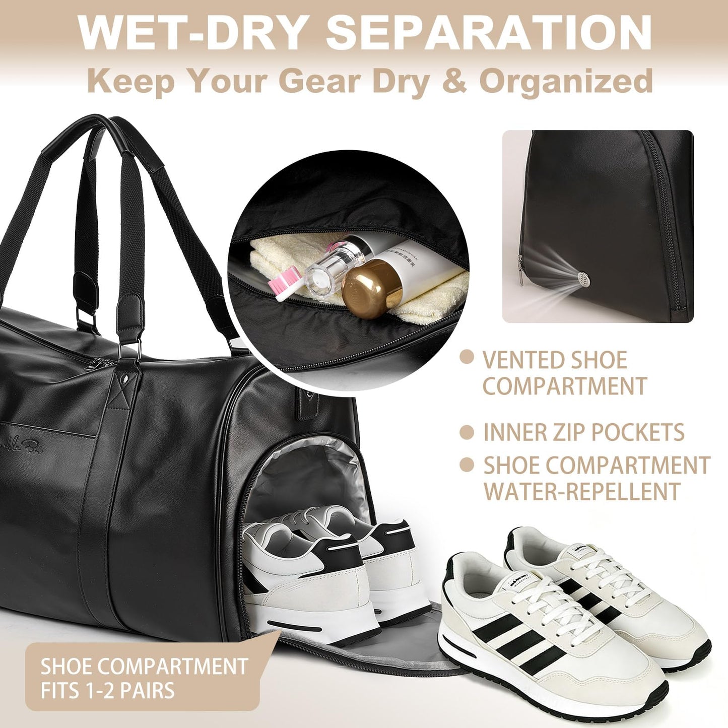 Large 3-in-1 Leather Duffle Bag for Travel Weekender Overnight Hospital Gym Bag for Men & Women, Carry On Airline Approved Personal Item Duffel Garment Bag Luggage with Shoe Compartment & Toiletry Bag