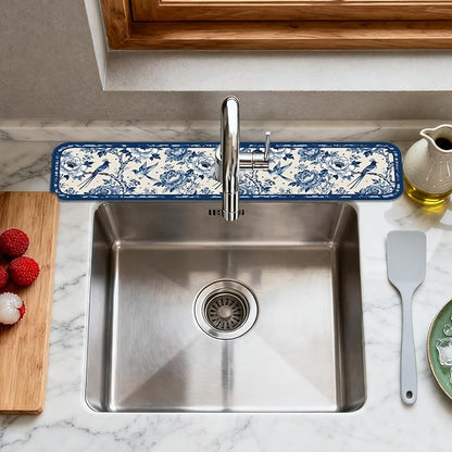2 Pcs Kitchen Sink Splash Guard Faucet Mats Vintage Porcelain Flowers and Birds