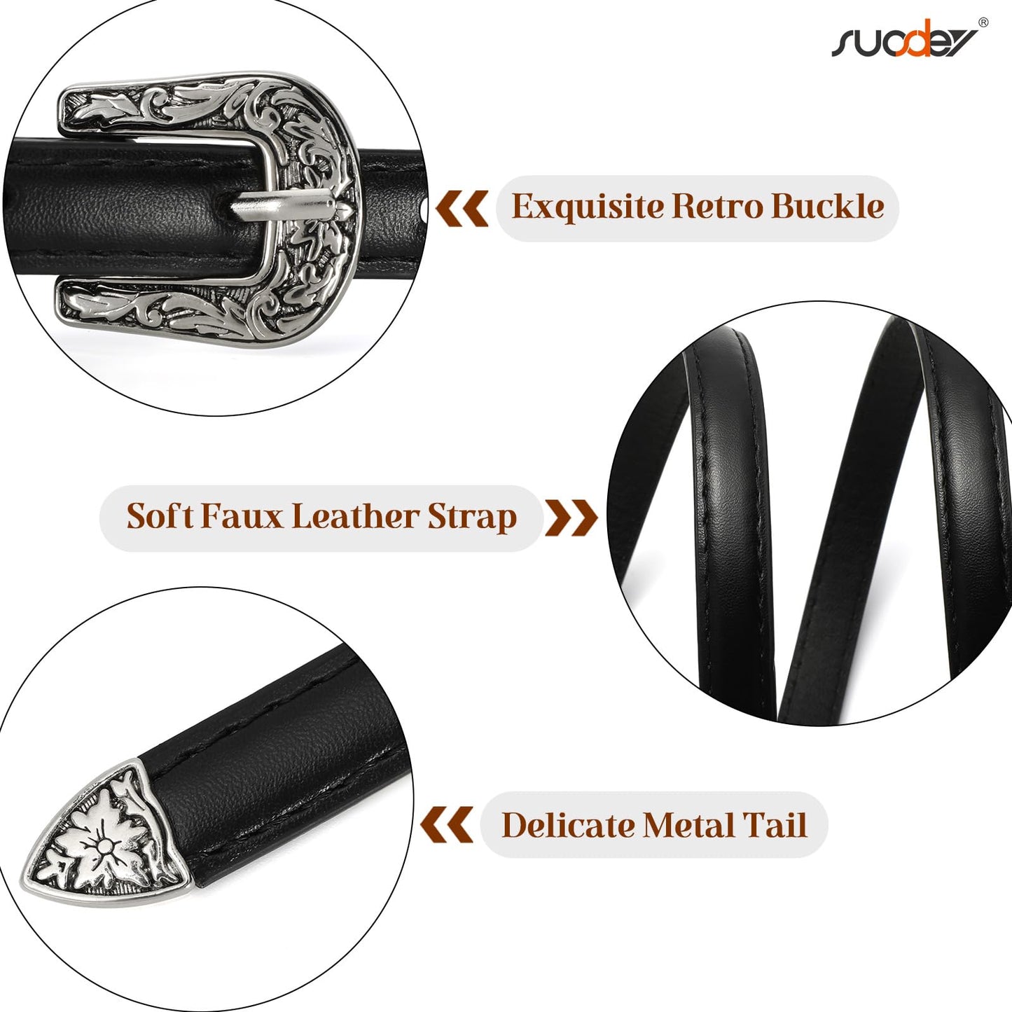 SUOSDEY Western Skinny Leather Belts for Women Adjustable Thin Waist Belt for Dresses with Vintage Buckle