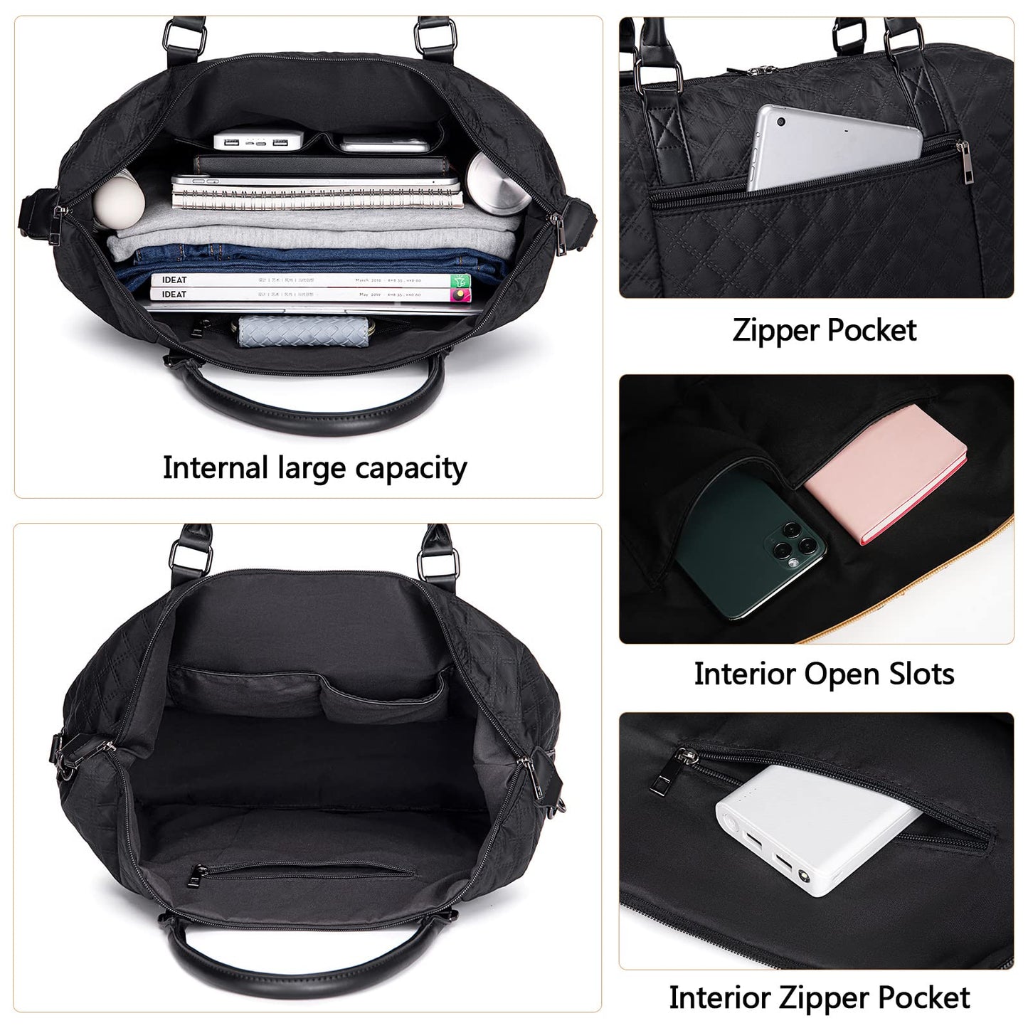 Women Ladies Weekender Carry-on Tote Bag Overnight Duffel in Trolley Handle (Quilted black)