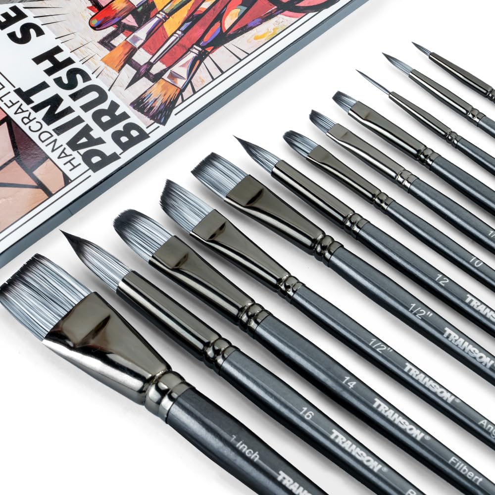 Transon Artist Paint Brush Set of 12 for Watercolor Acrylic Gouache Oil and Tempera Painting